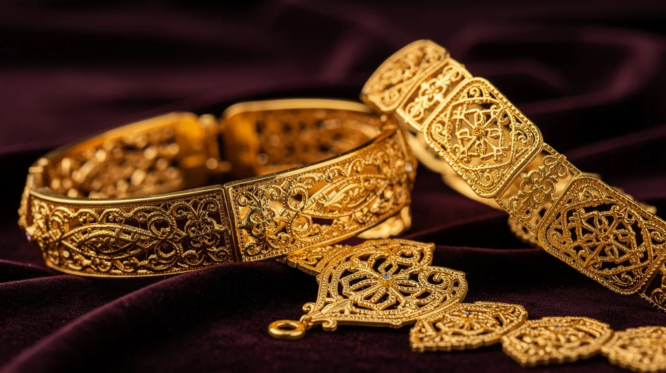 Die Nahaufnahme zeigt kunstvoll gestalteten arabischen Schmuck aus 21 karat Gold mit filigranen Verzierungen, der auf einem dunklen Samtstoff präsentiert wird. Die Details der Schmuckstücke betonen die Reinheit und den hohen Feingehalt des Goldes, während der Kontrast zum Samt für eine edle Ausstrahlung sorgt.