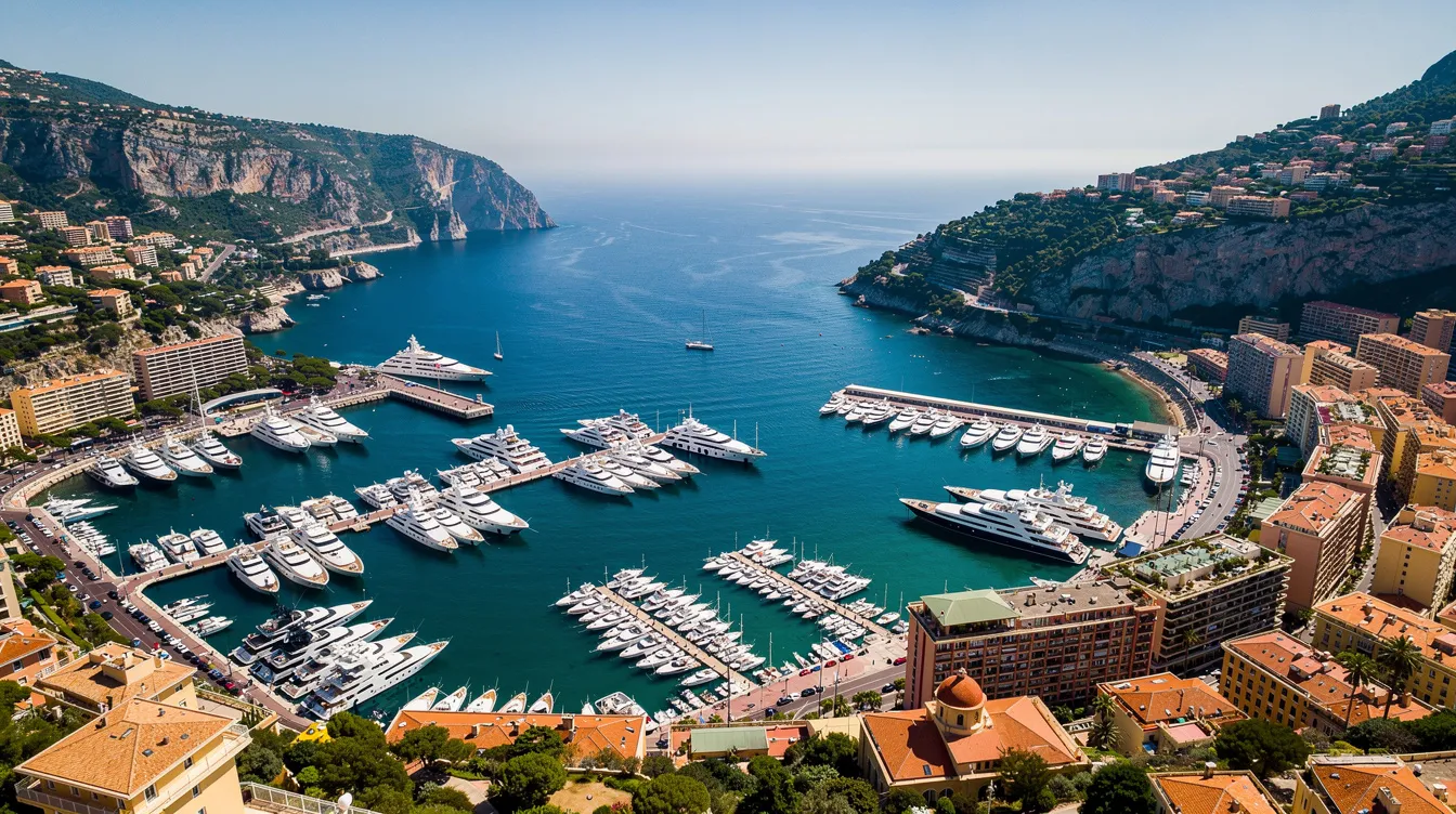 Die Luftaufnahme des Hafens von Monaco zeigt luxuriöse Yachten, die im glitzernden Wasser des Mittelmeers schaukeln, umgeben von der beeindruckenden Küstenlinie. Diese malerische Szene spiegelt den Reichtum und die Eleganz wider, die oft mit dem Leben von Formel 1 Fahrern wie Max Verstappen in Verbindung gebracht werden.