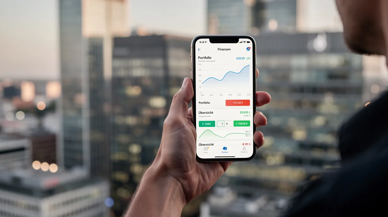 Eine Person hält ein Smartphone mit einer geöffneten Finanz-App in der Hand, während im Hintergrund eine belebte Großstadt zu sehen ist. Die App zeigt Informationen zu Kryptowährungen wie Bitcoin und bietet verschiedene Zahlungsmethoden an, darunter Skrill und Banküberweisung.