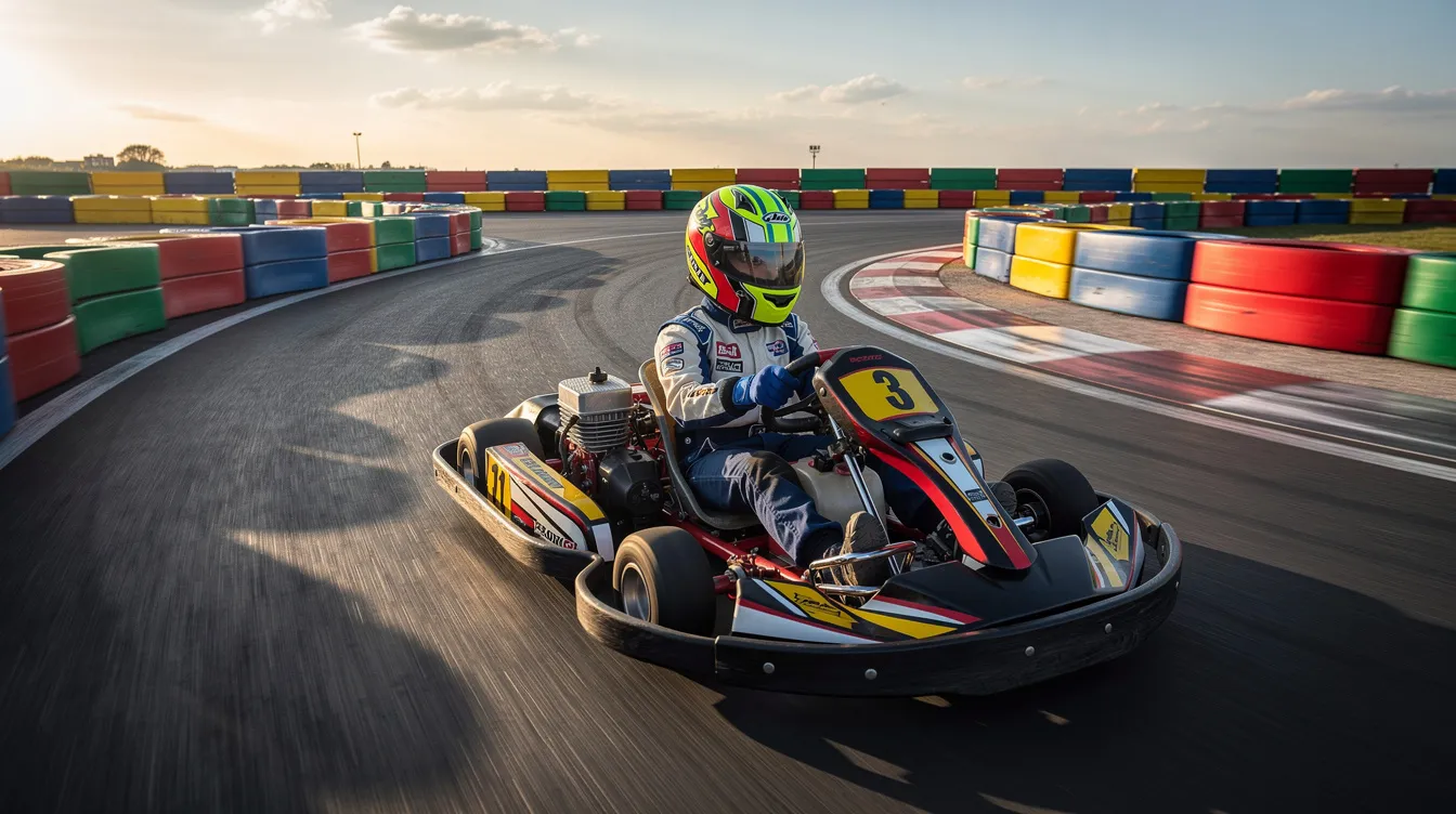 Ein junger Rennfahrer sitzt in einem Go-Kart auf einer Kartbahn, umgeben von bunten Barrieren. Diese Szene erinnert an die Anfänge vieler Formel-1-Fahrer, darunter auch Max Verstappen, der in seiner Karriere Millionen Euro verdient hat.