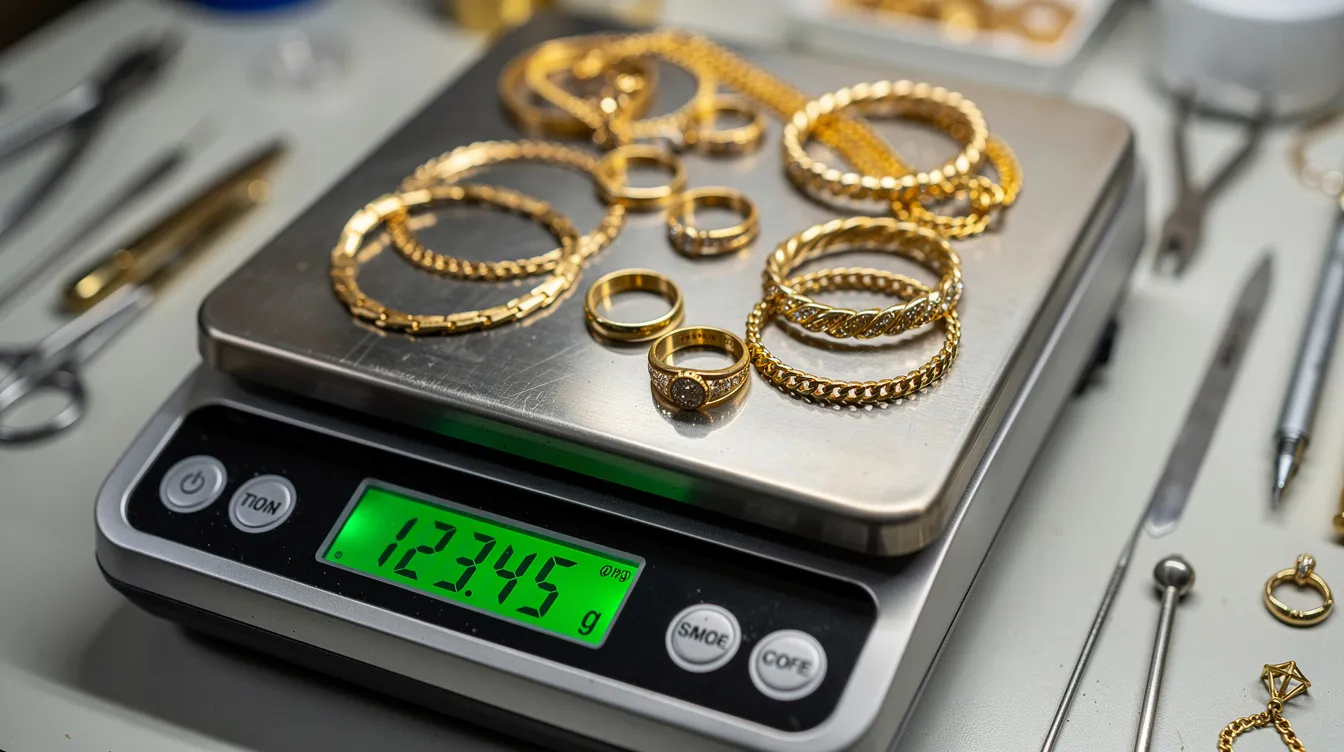 Auf der Abbildung wird Goldschmuck auf einer Präzisionswaage gewogen, um den genauen Wert für den Goldverkauf zu bestimmen. Diese Maßnahme ist wichtig, um die Herkunftsnachweise und die Einhaltung der Meldepflicht beim Goldverkauf zu gewährleisten.