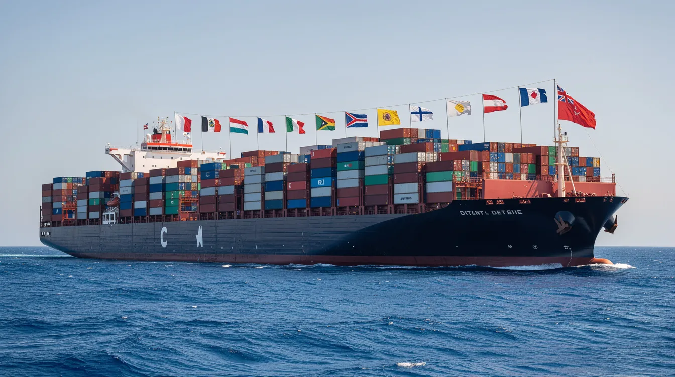 Ein großes Containerschiff fährt auf offener See und trägt verschiedene internationale Flaggen. Die Szene vermittelt ein Gefühl von globalem Handel und maritimer Aktivität.