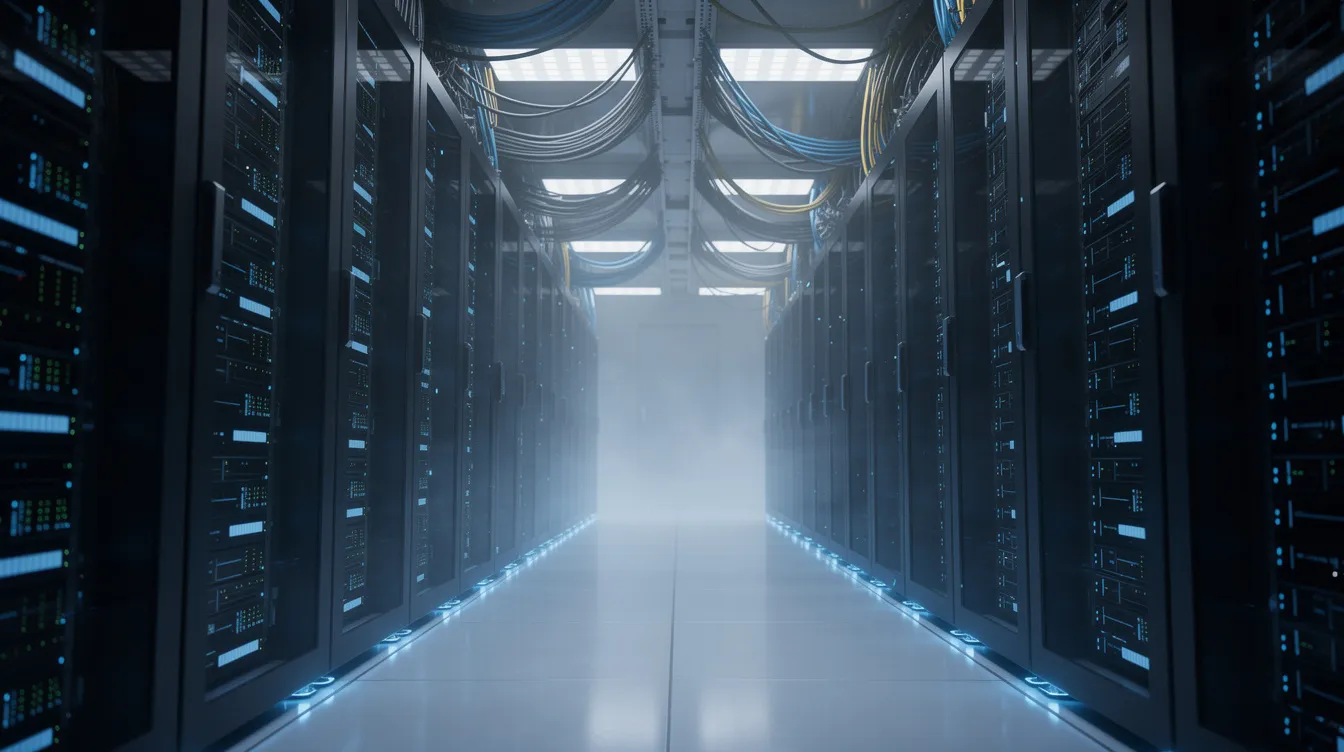 Das Bild zeigt moderne Server-Racks in einem großen Rechenzentrum, beleuchtet von blauen LEDs. Diese Technologie ist entscheidend für die Verarbeitung und Speicherung von Daten und spielt eine wichtige Rolle in der Fertigung von Bauteilen für Unternehmen wie Micron Technology Inc.