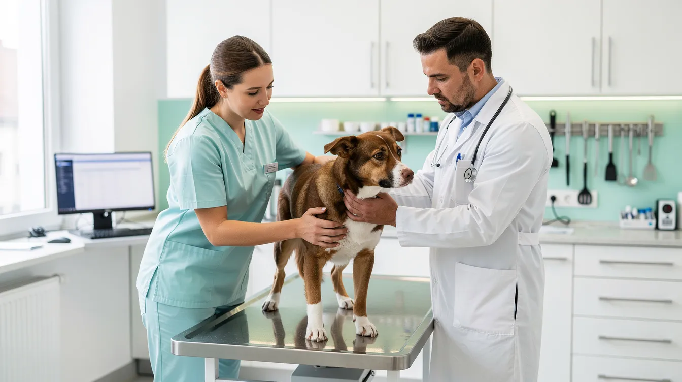 Eine tiermedizinische Fachangestellte assistiert einem Tierarzt bei der Untersuchung eines Hundes in einer modernen Tierarztpraxis. Die Szene zeigt die engagierte Zusammenarbeit zwischen der Fachangestellten und dem praktizierenden Tierarzt, während sie sich um das Wohl des Tieres kümmern.