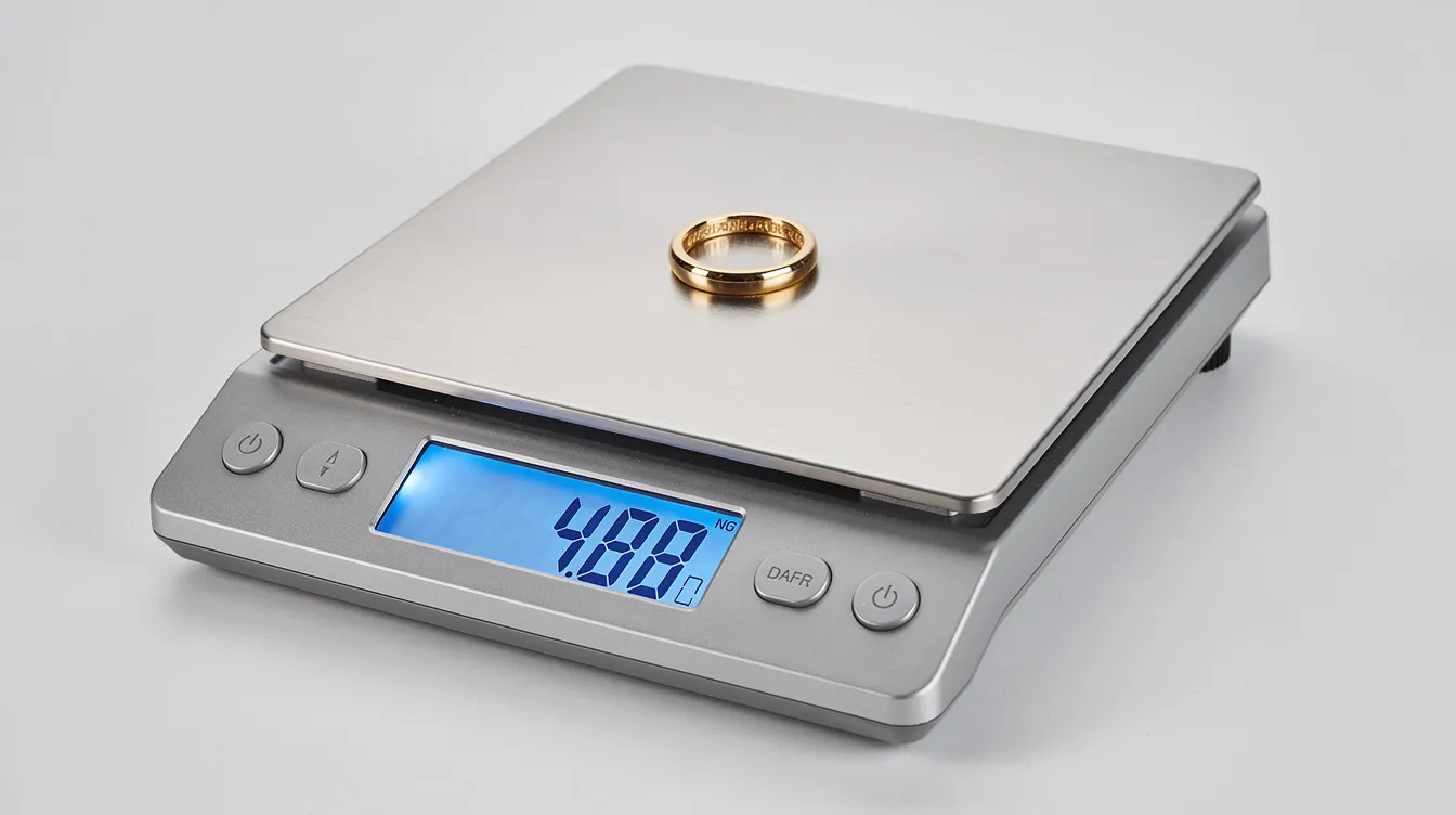 Die professionelle geeichte Feinwaage zeigt einen goldenen Ring auf ihrer Wiegefläche, der präzise gewogen wird. Diese Darstellung ist besonders relevant für den Goldankauf und die Bewertung von Wertgegenständen wie Goldschmuck und Münzen.