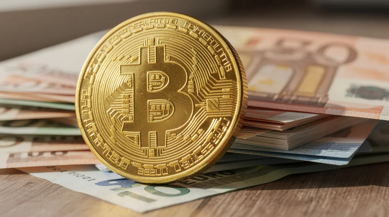 Ein goldener Bitcoin liegt auf einem Stapel Euro-Banknoten auf einem Holztisch. Diese Darstellung symbolisiert die Verbindung zwischen Kryptowährungen und traditionellem Geld, während Anleger über eine Investition von 1.000 Euro in Bitcoin nachdenken.