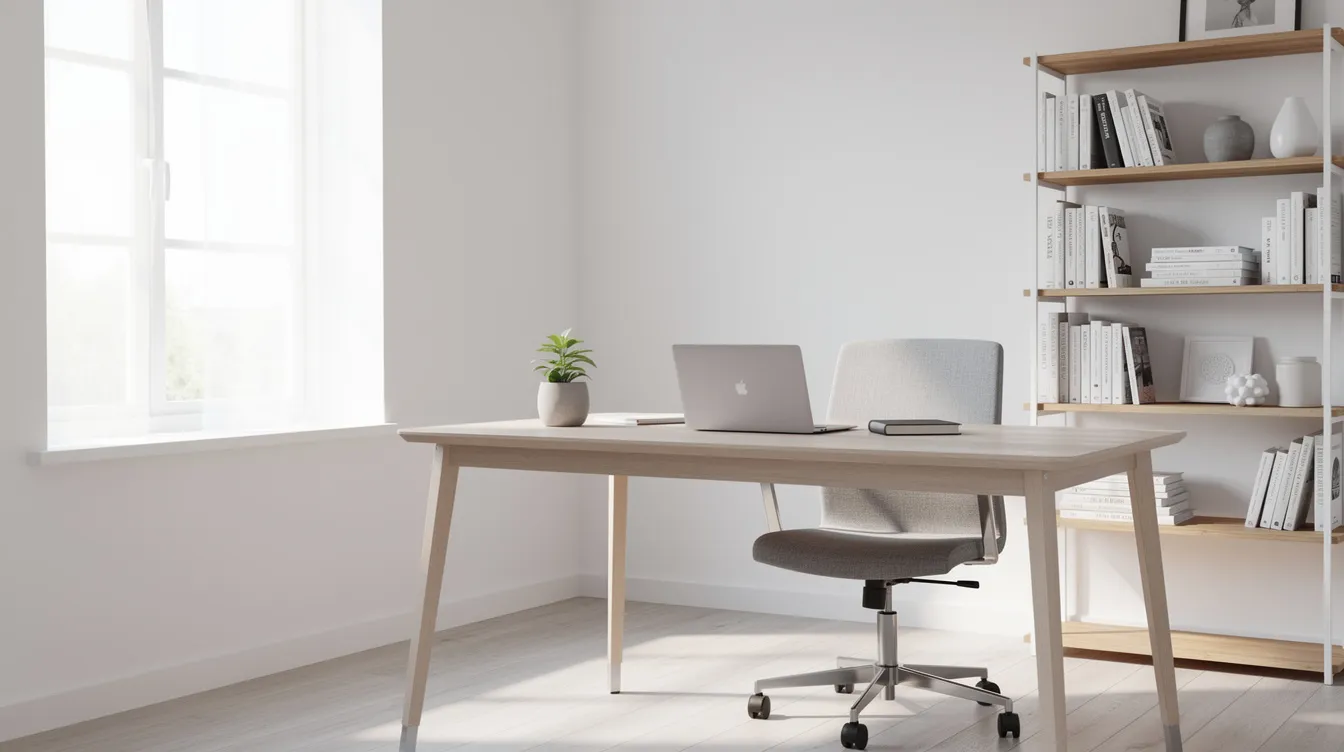 Ein heller, aufgeräumter Raum, der als Homeoffice eingerichtet ist, zeigt einen Schreibtisch, einen Bürostuhl und ein Bücherregal. Dieser Raum bietet eine ideale Umgebung für Immobilienbesitzer, um ihre Steuererklärung, einschließlich der grundsteuerlichen Aspekte, effizient zu verwalten.