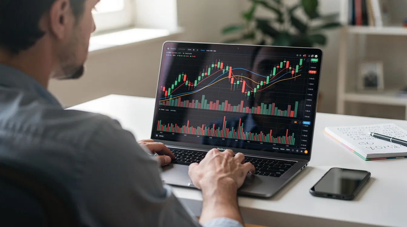 Eine Person sitzt vor einem Laptop, auf dessen Bildschirm Finanzdiagramme zu sehen sind, die sich mit Kapitalerträgen und deren Besteuerung befassen. Die Diagramme zeigen verschiedene Aspekte wie Gewinn, Einnahmen und Steuerabzug, was auf eine Analyse der steuerlichen Behandlung von Kapitalvermögen hinweist.
