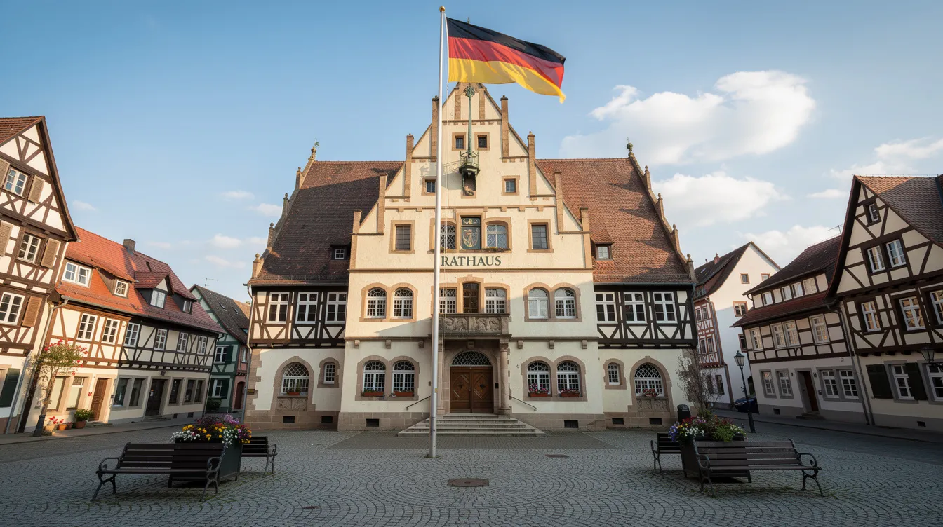 Das Bild zeigt ein historisches Rathaus in Deutschland mit einer deutschen Flagge auf dem Dach, das die kommunale Verwaltung symbolisiert. Umgeben von einem gepflegten Platz, verdeutlicht das Gebäude die Bedeutung von Städten und Gemeinden in der Diskussion um die Grundsteuerreform und die Schaffung von Wohnraum.