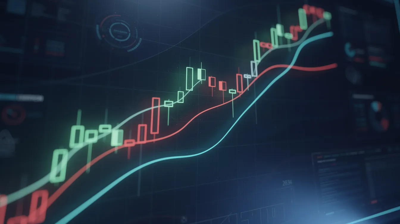 Das Bild zeigt ein abstraktes digitales Preisdiagramm mit aufsteigenden und fallenden Linien auf einem dunkelblauen, futuristischen Hintergrund. Es repräsentiert die Kursentwicklung von Ethereum und anderen Kryptowährungen, was für Investoren und Nutzer im Kryptomarkt von Interesse ist.
