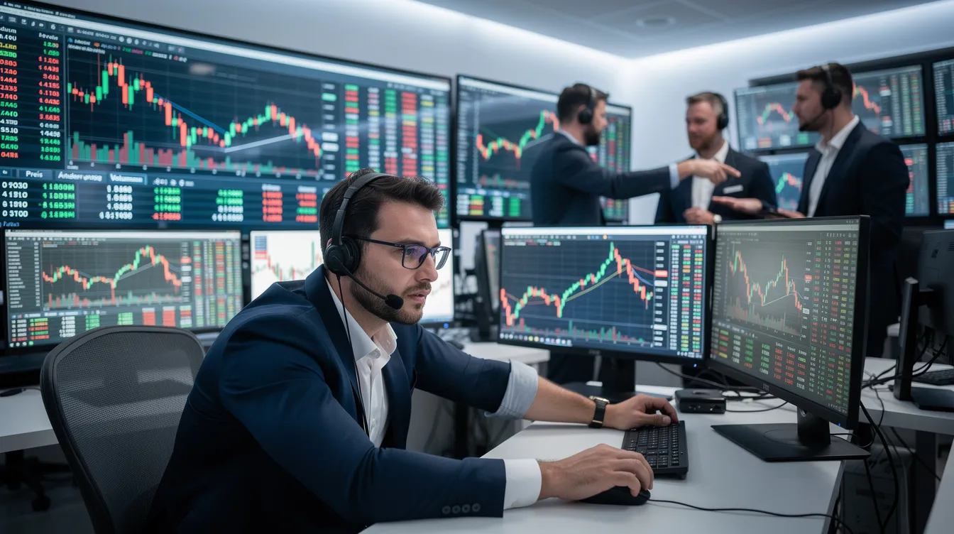 Börsenhändler beobachten konzentriert mehrere Bildschirme, auf denen Kurscharts und Kryptowährungsdaten wie Bitcoin angezeigt werden. Die Bildschirme zeigen Echtzeitdaten zu Aktienkursen, Handelsvolumen und Analystenmeinungen, was für die Entscheidungsfindung im Handel von großer Bedeutung ist.