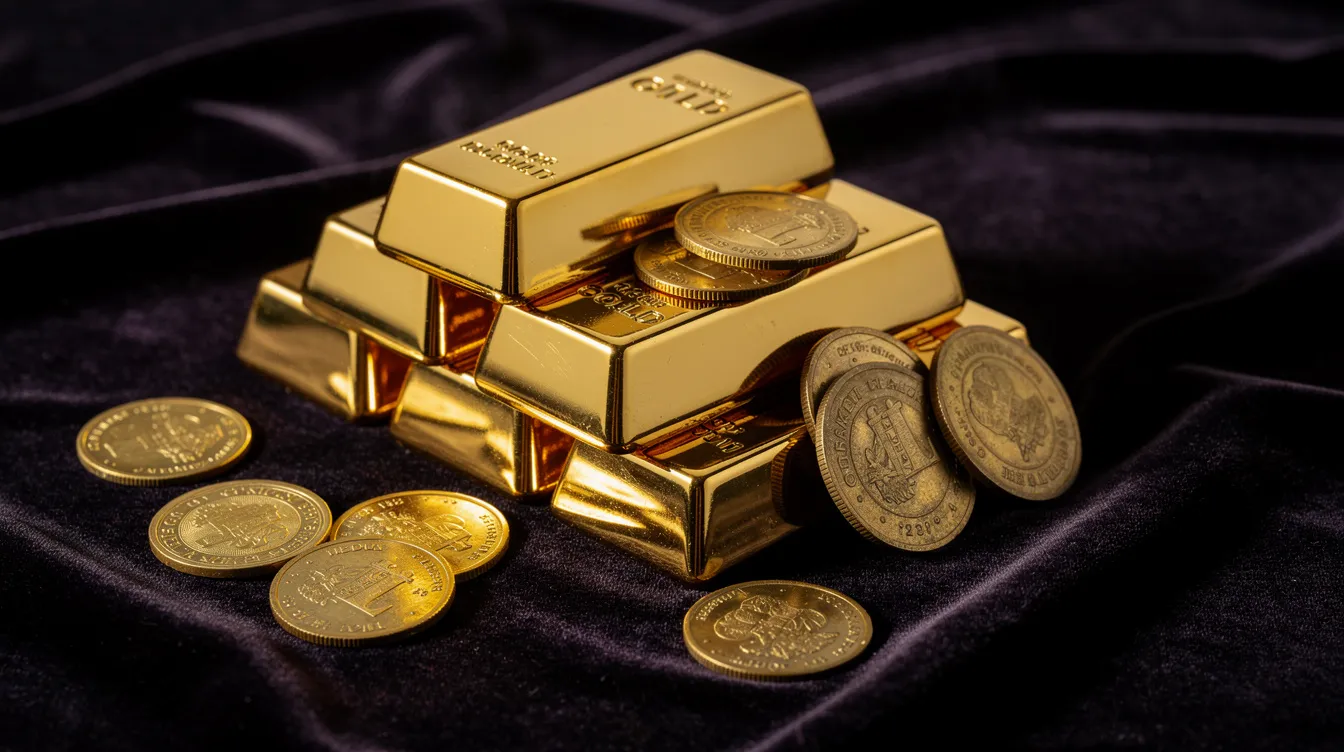 Auf einem dunklen Samtuntergrund sind gestapelte Goldbarren in verschiedenen Größen neben einzelnen Goldmünzen, darunter auch der bekannte Maple Leaf, angeordnet. Diese Anordnung symbolisiert die Werte und Möglichkeiten der Geldanlage in Edelmetalle wie Gold und Silber, die sowohl für Sicherheit als auch für Krisensicherheit stehen.