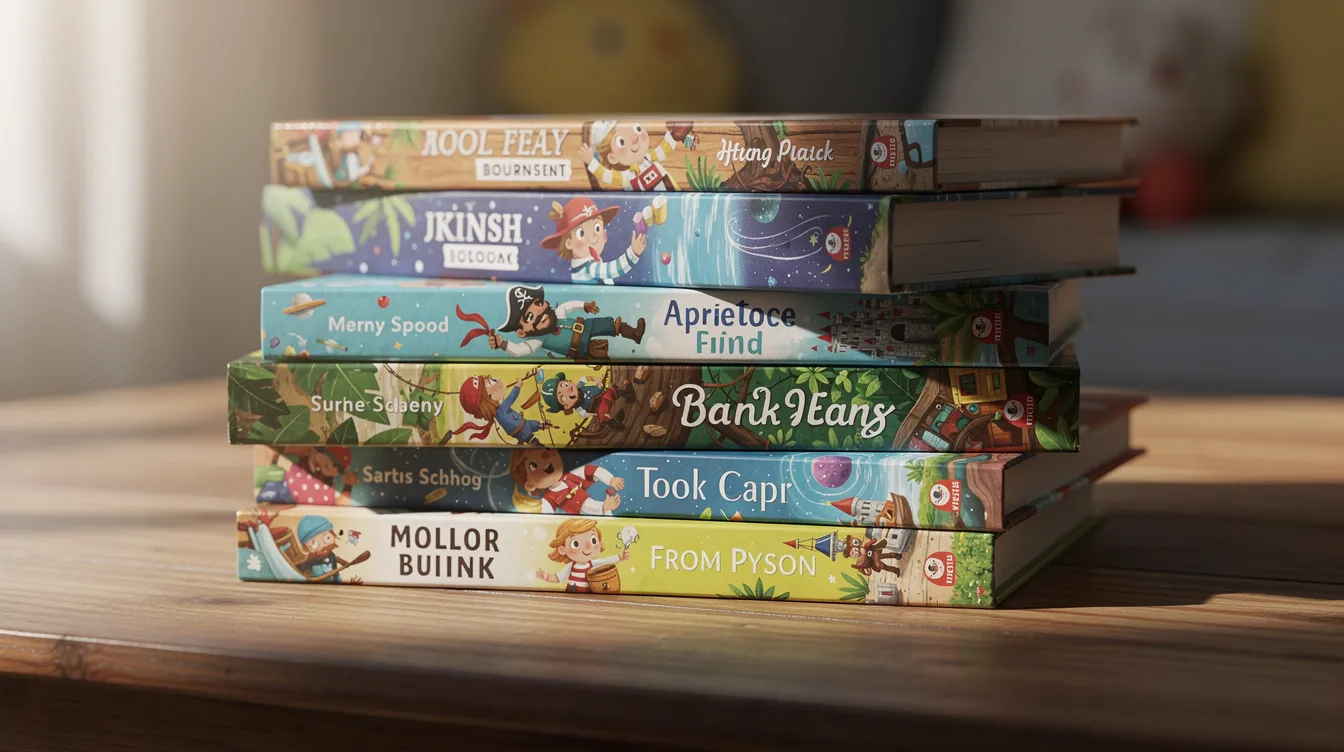 Auf einem Holztisch liegt ein Stapel bunter Kinderbücher mit aufregenden Abenteuer-Covern, die die Fantasie anregen und junge Leser in spannende Geschichten entführen. Diese Bücher könnten von beliebten Autoren wie Paluten oder Patrick Mayer stammen, die durch ihre YouTube-Videos und Bestseller bekannt wurden.