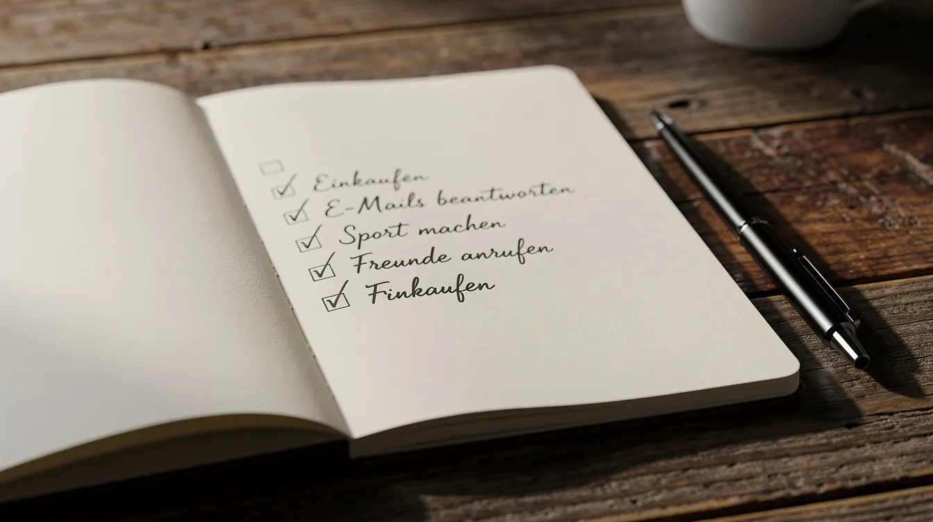 Auf einem Holztisch liegt ein Notizbuch mit einer handgeschriebenen Checkliste, daneben ein Stift. Diese Szene vermittelt einen organisierten Eindruck, der an die Planung von Investitionen in Bitcoin und Kryptowährungen erinnert.