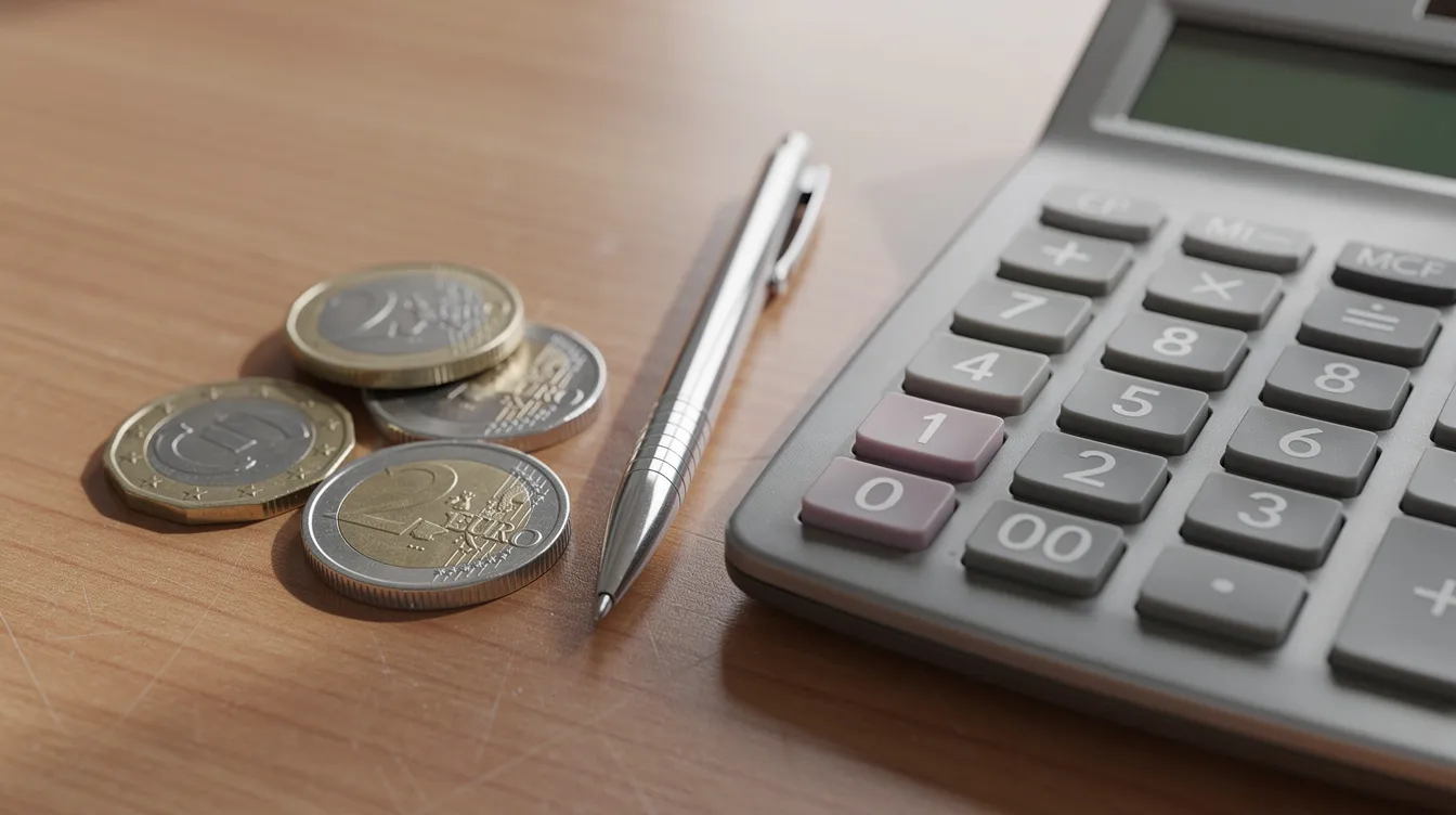 Ein Taschenrechner liegt neben Euro-Münzen und einem Stift auf einem Schreibtisch, was auf die Möglichkeit hinweist, finanzielle Berechnungen anzustellen, möglicherweise im Zusammenhang mit einem Minijob oder Bürgergeld. Die Gegenstände symbolisieren die Verwaltung von Einkommen und Ausgaben, die für viele Menschen, wie zum Beispiel Bürgergeld-Empfänger, von Bedeutung sind.
