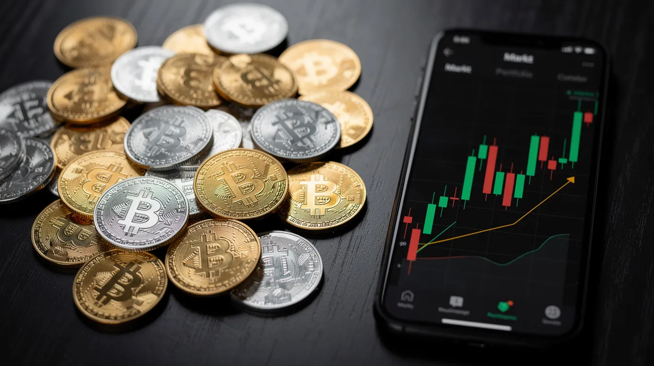 Auf einem dunklen Tisch liegen goldene und silberne Kryptomünzen neben einem Smartphone, das einen Kurs-Chart zeigt. Diese Darstellung verdeutlicht die aktuellen Entwicklungen und Preisprognosen im Bereich der Kryptowährungen, insbesondere für Dash.