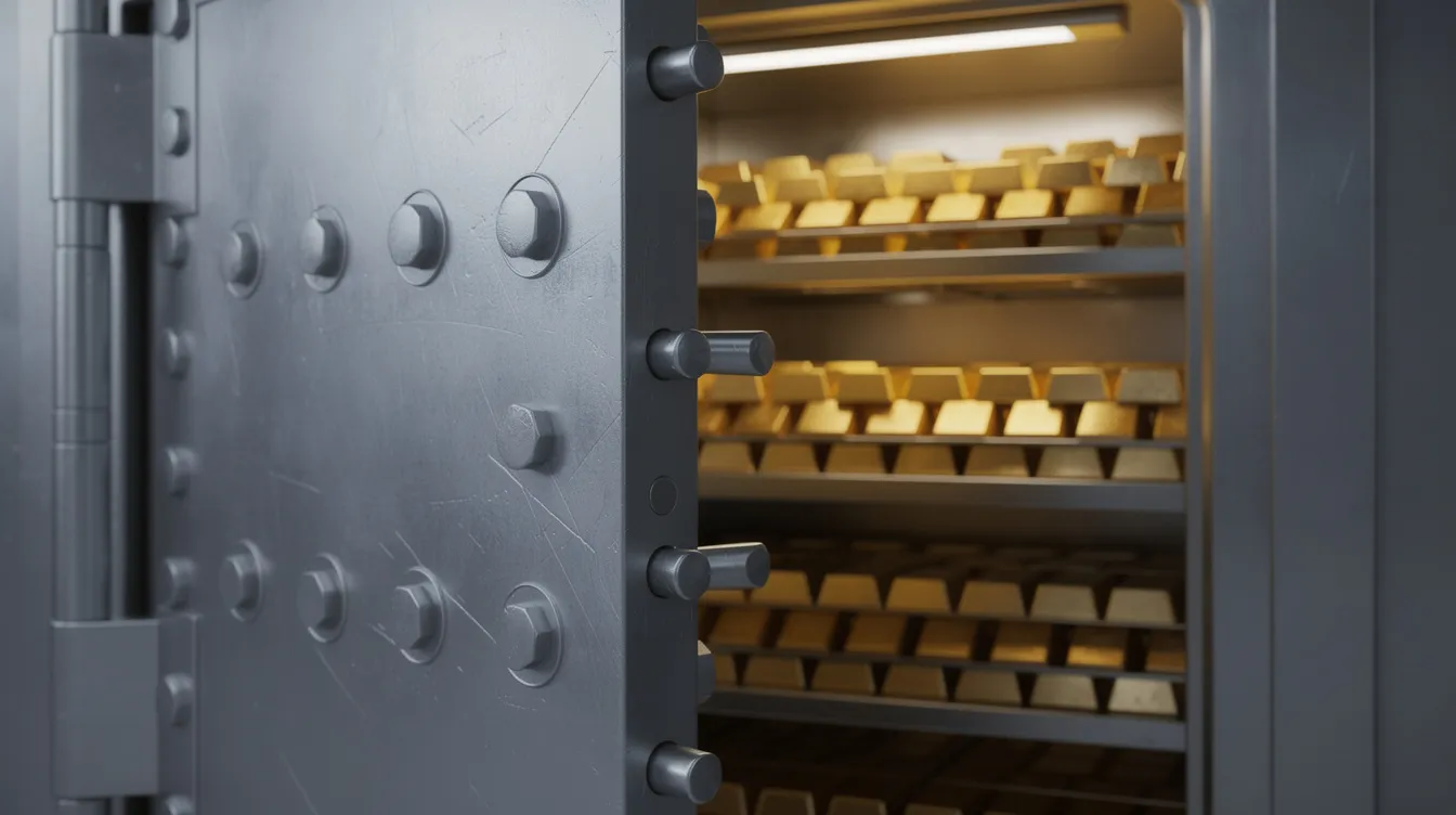 Ein schwerer Tresor mit einer massiven Stahltür steht im Vordergrund, während im Inneren goldene Barren sichtbar sind, die für den Wert von Edelmetallen wie Gold und Silber stehen. Diese Darstellung könnte das Thema der Sicherheit und des Zugriffs auf wertvolle Güter symbolisieren, die oft von Edelmetallhändlern wie Herrn Ohnheiser angeboten werden.