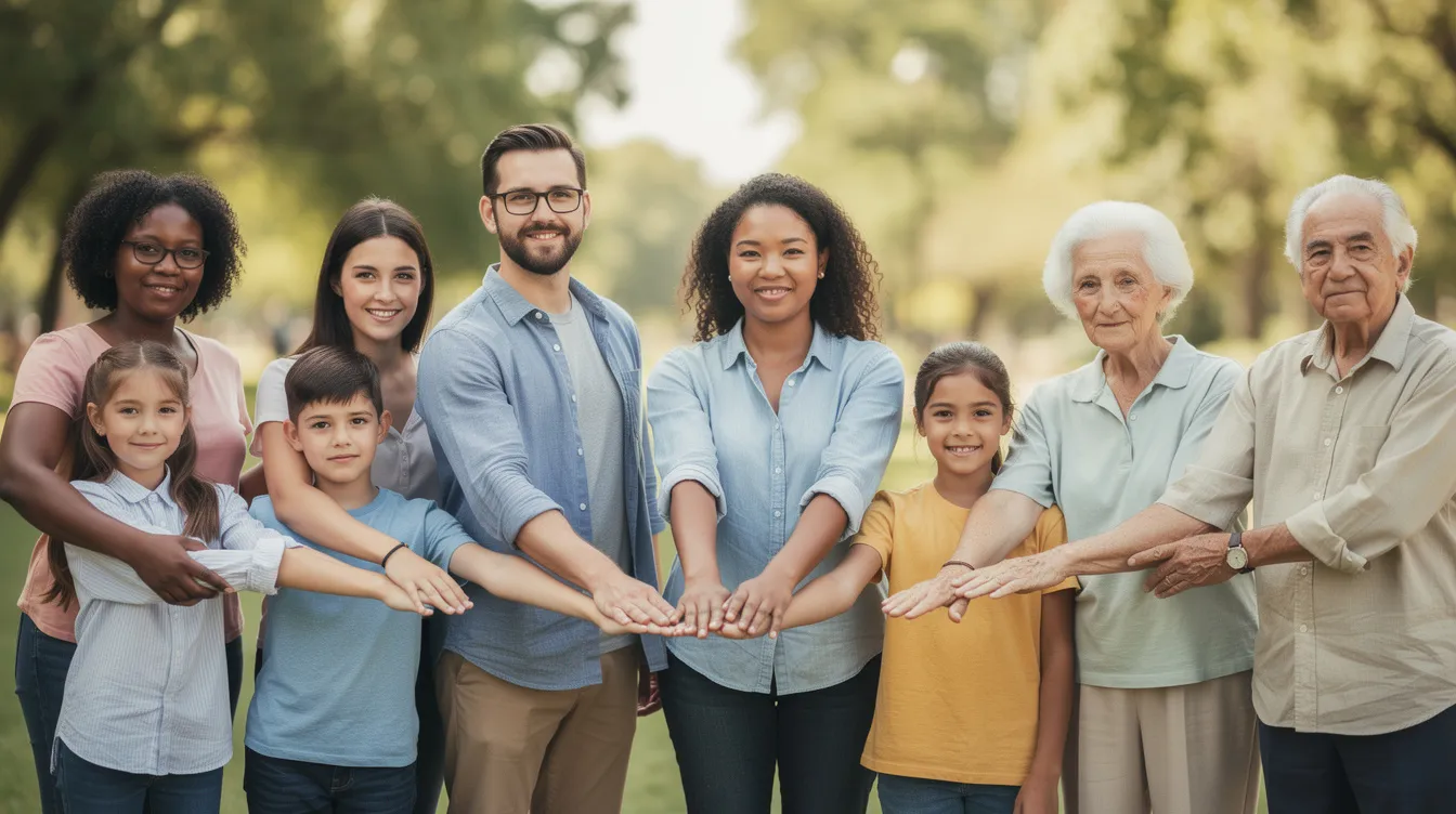 In der Darstellung sind Menschen unterschiedlichen Alters zu sehen, die gemeinsam Hände halten, was ein starkes Zeichen der Gemeinschaft und Unterstützung symbolisiert. Diese Szene spiegelt das Engagement für soziale Projekte wider, ähnlich wie es prominente Persönlichkeiten wie Heinz Hönig in ihren Film- und Fernsehproduktionen oft thematisieren.