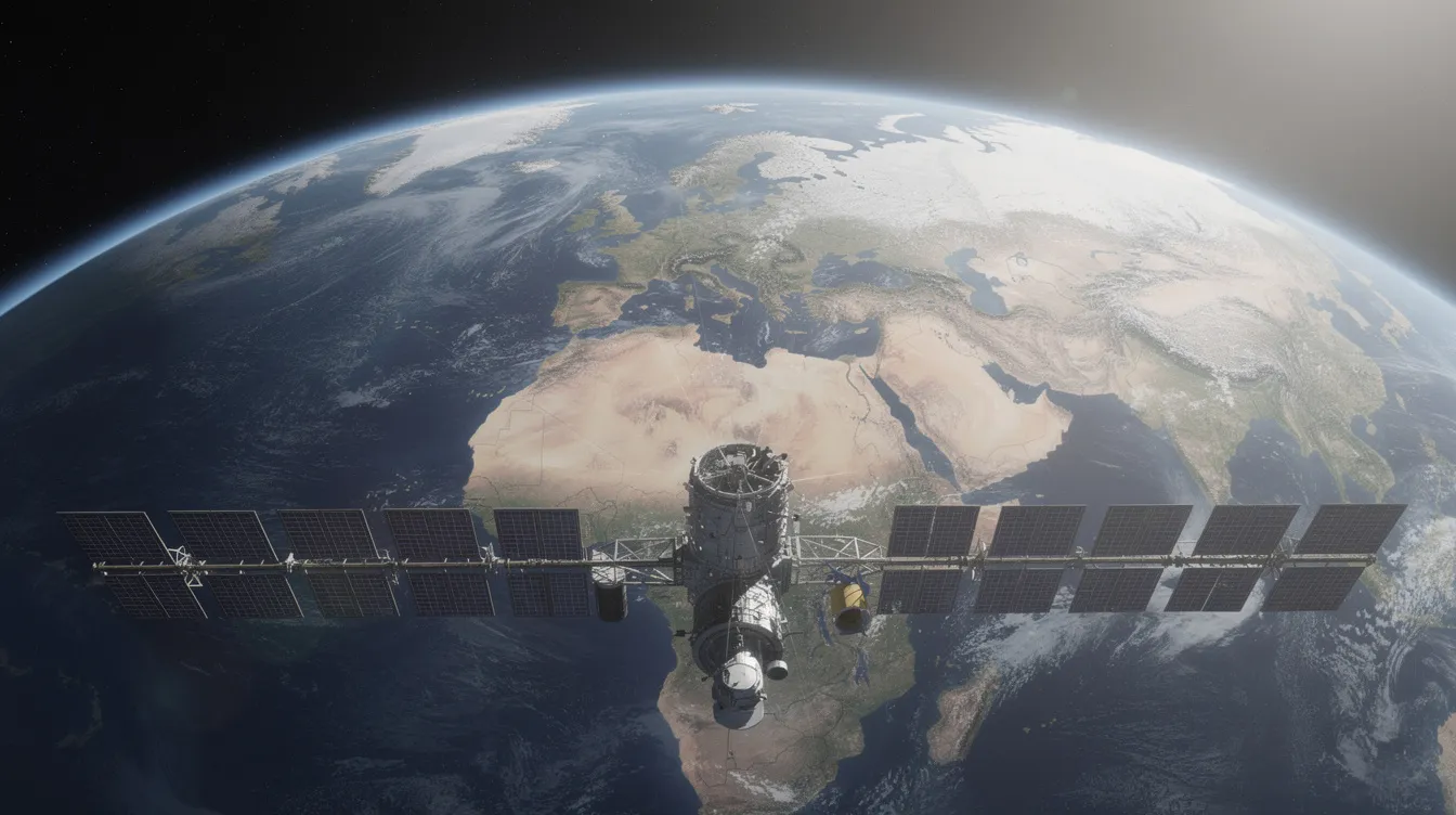 Ein geostationärer Satellit schwebt über der Erde und bietet einen Blick auf Europa und Afrika, während er wichtige Kommunikationsdienste bereitstellt. Diese Satelliten sind entscheidend für die Telekommunikation und die Bereitstellung von Breitbanddiensten, die für Unternehmen wie Eutelsat Communications von Bedeutung sind.