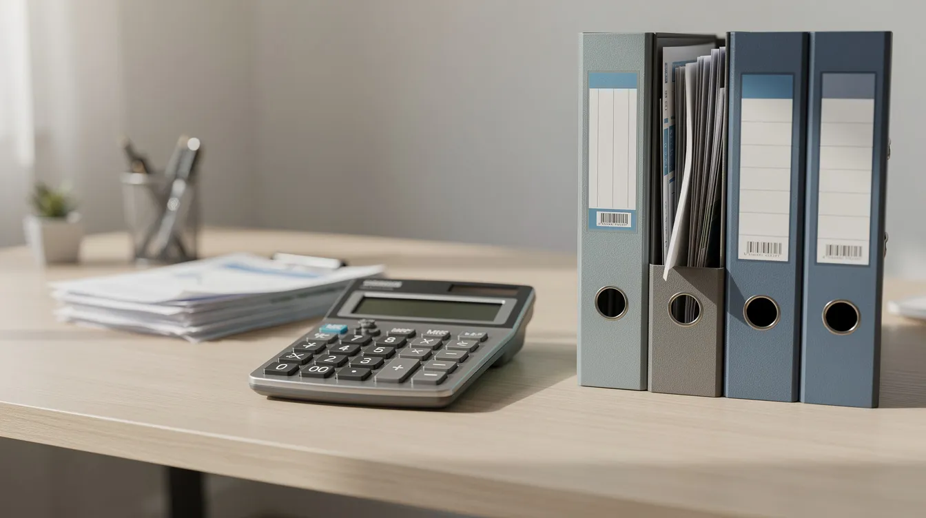 Auf dem Schreibtisch liegen ein Taschenrechner und ein Ordner, die symbolisch für die Finanzplanung im Zusammenhang mit der Altersvorsorge stehen. Diese Darstellung könnte wichtige Informationen zu Rente und Pensionen sowie zur finanziellen Absicherung im Ruhestand vermitteln.