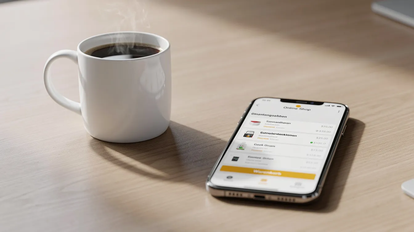 Ein Smartphone liegt auf einem Schreibtisch neben einer Kaffeetasse, auf dem Display ist eine Shopping-App mit einem Warenkorb zu sehen, die Produkte und Preise anzeigt. Diese Szene vermittelt das Interesse an digitalen Währungen und Online-Zahlungen, während der Nutzer möglicherweise über Angebote und Gutscheine nachdenkt.
