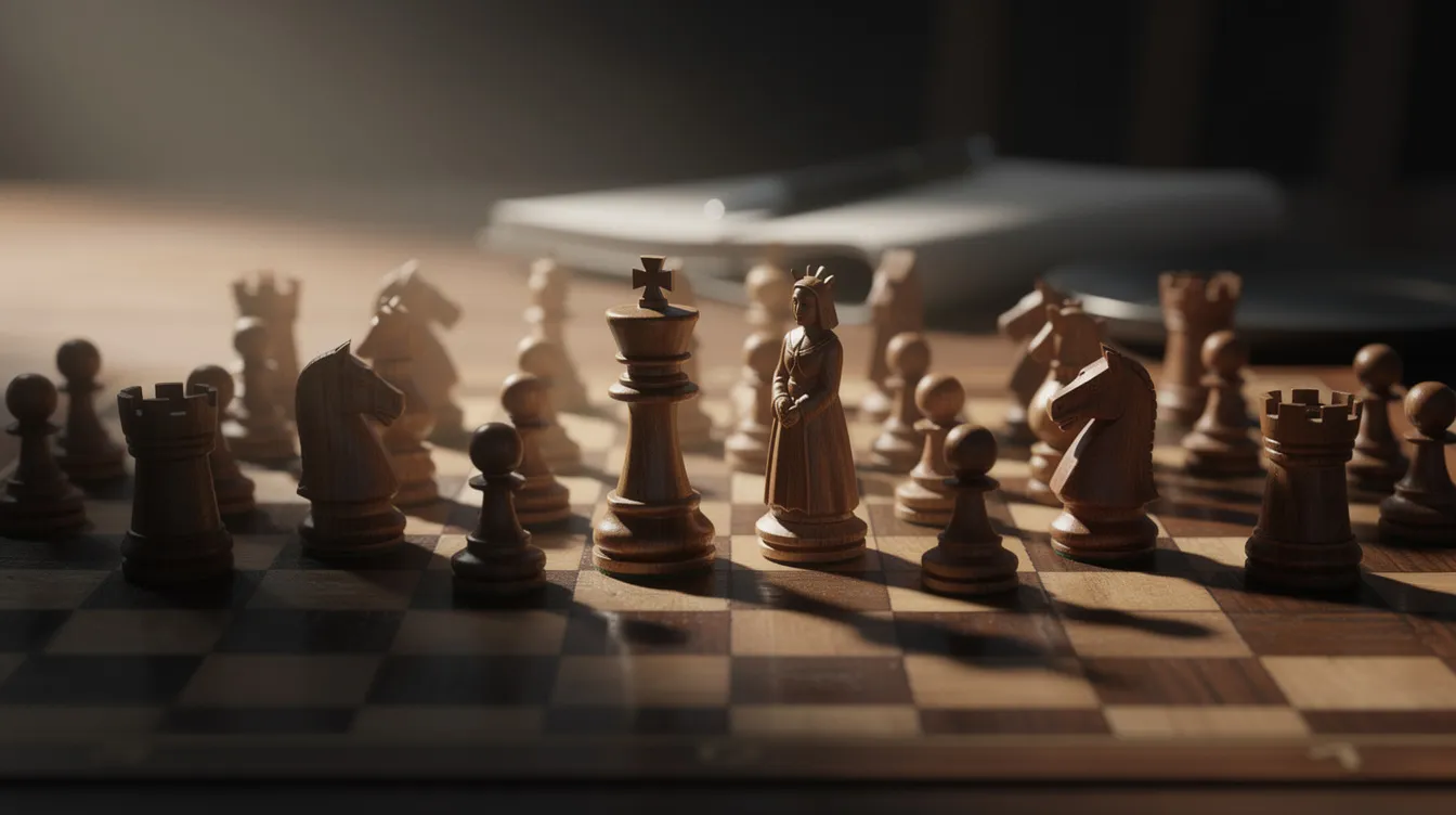 Das Bild zeigt Schachfiguren auf einem Brett, die strategisches Denken symbolisieren. Diese Metapher verdeutlicht die Komplexität von Entscheidungen im Krypto Trading, vergleichbar mit dem strategischen Planen von Zügen im Schachspiel.
