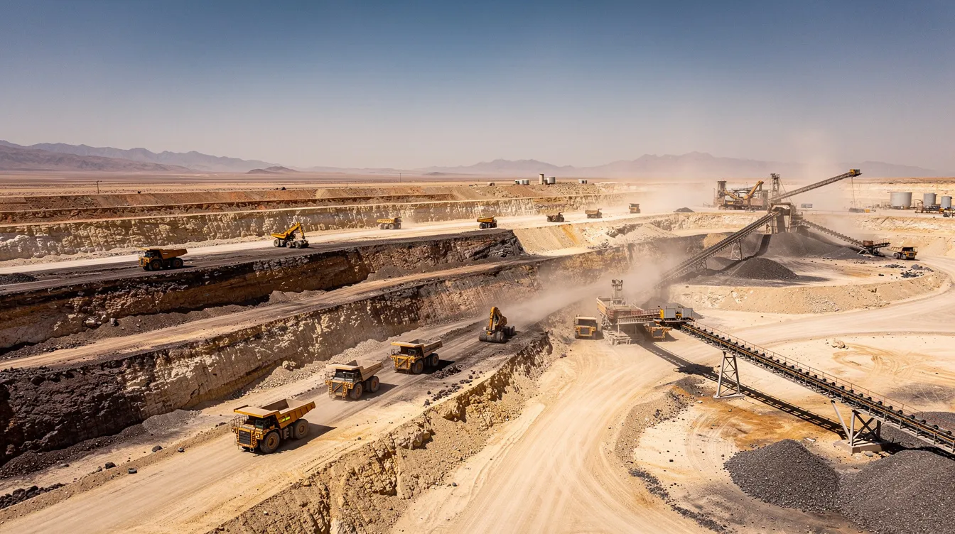Das Bild zeigt eine offene Tagebaumine in einer kargen Wüstenlandschaft, in der schweres Gerät und Förderbänder im Einsatz sind. Diese Szene verdeutlicht die Rohstoffproduktion, die für Unternehmen wie MP Materials Corp von Bedeutung ist.
