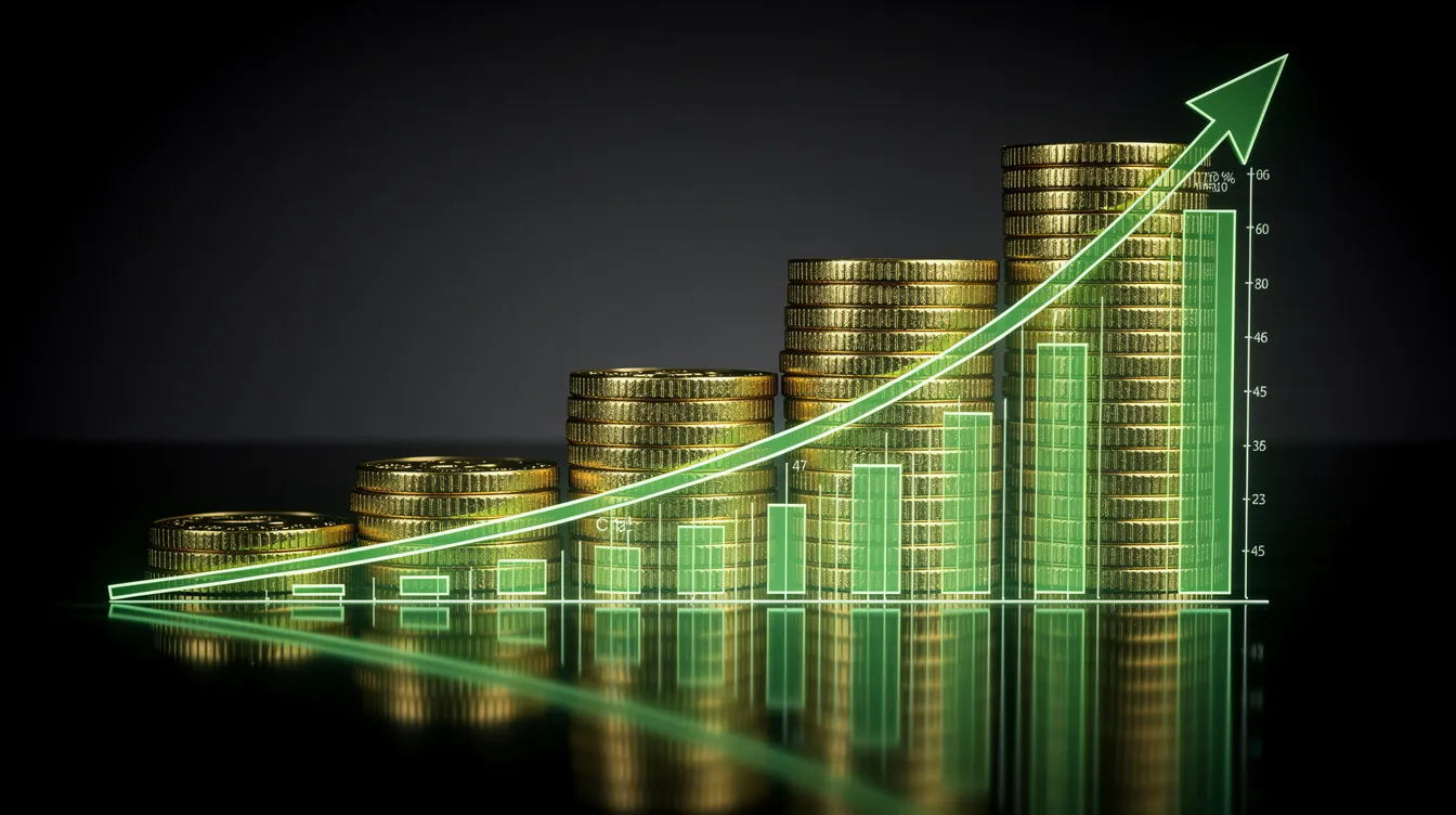 Auf dem Bild sind goldene Münzen zu sehen, die auf einem aufsteigenden Kursdiagramm platziert sind, während der dunkle Hintergrund einen Kontrast zur glänzenden Oberfläche der Münzen bildet. Diese Darstellung symbolisiert den Bitcoin-Kurs und die positive Kursentwicklung im Bereich der Kryptowährungen.