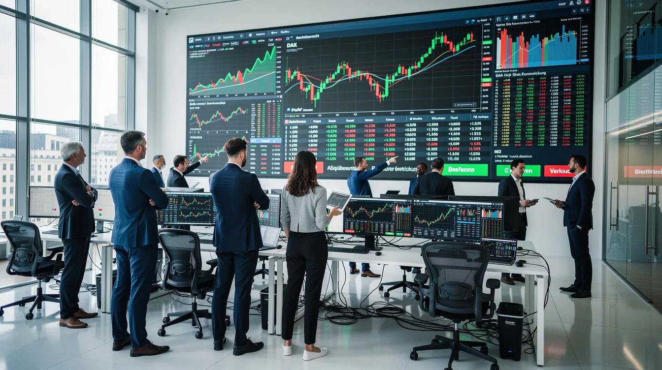 Eine Gruppe von Investoren steht in einem modernen Handelsraum und betrachtet große Bildschirme mit Kurscharts, die die Bitcoin Kursentwicklung und aktuelle Trends der Kryptowährung zeigen. Die Atmosphäre ist angespannt, während sie die Kursschwankungen und den Bitcoin Preis im Auge behalten, der sich in der Finanzwelt ständig verändert.