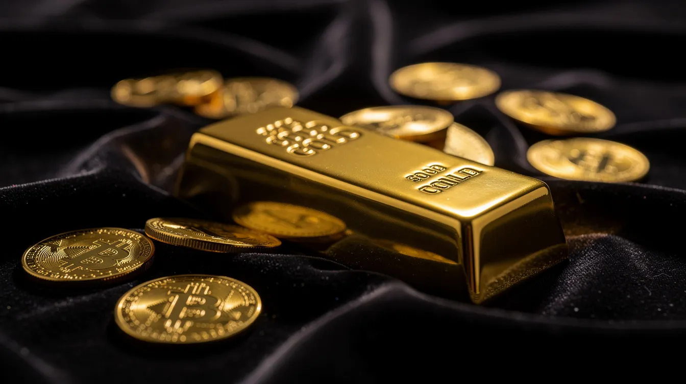 Auf einer dunklen Samtunterlage liegen mehrere Goldbarren und Goldmünzen, die glänzend im Licht reflektieren. Diese edlen Metalle, ein Symbol für Wert und Sicherheit, sind perfekt angeordnet und verleihen dem Bild eine luxuriöse Ausstrahlung.