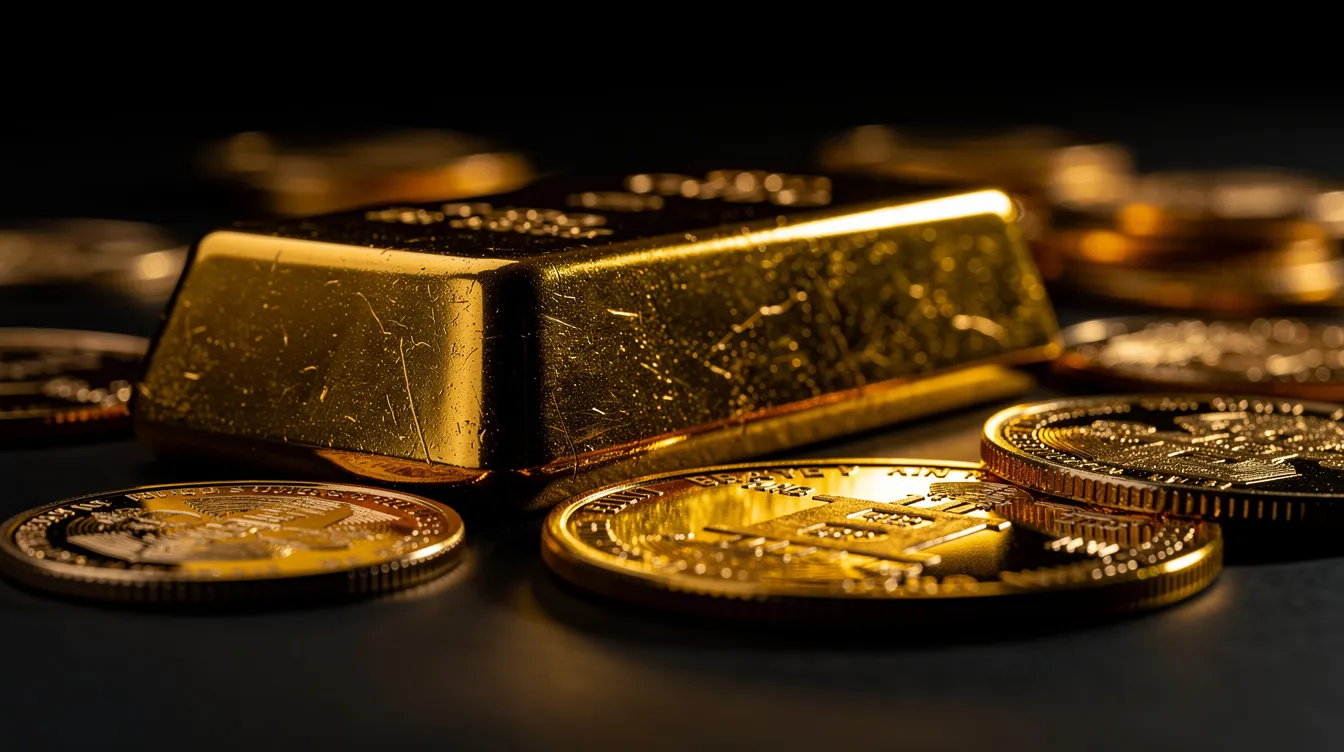 Auf einem dunklen Untergrund liegen glänzende Goldbarren und Münzen, die das Gewicht und den Wert des Edelmetalls verdeutlichen. Diese Darstellung spiegelt die aktuelle Situation auf dem Goldmarkt wider, wo Anleger in Krisenzeiten oft nach sicheren Anlagen suchen.