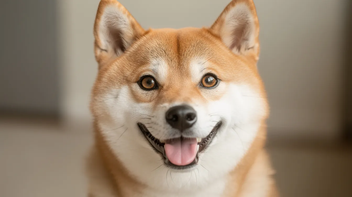 Ein niedlicher Shiba Inu Hund schaut direkt in die Kamera und hat einen verspielten Ausdruck. Sein freundliches Gesicht strahlt Freude aus, während er die Aufmerksamkeit der Betrachter auf sich zieht, ähnlich wie die Begeisterung für neue Kryptowährungen im Krypto-Markt.