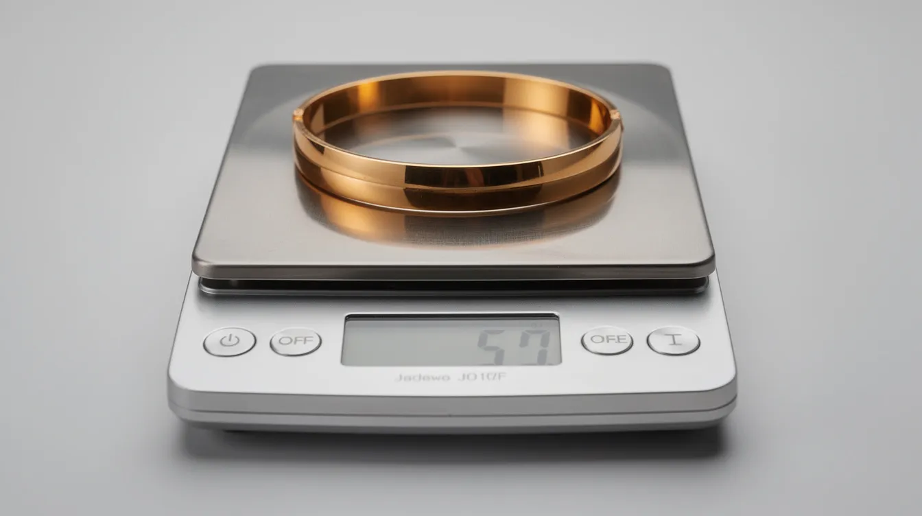 Auf einer Juwelierwaage liegt ein breiter, glänzender Armreif aus 22k Gold. Die Waage zeigt das Feingewicht des goldenen Schmuckstücks an, das in seiner Form und Farbe beeindruckt.