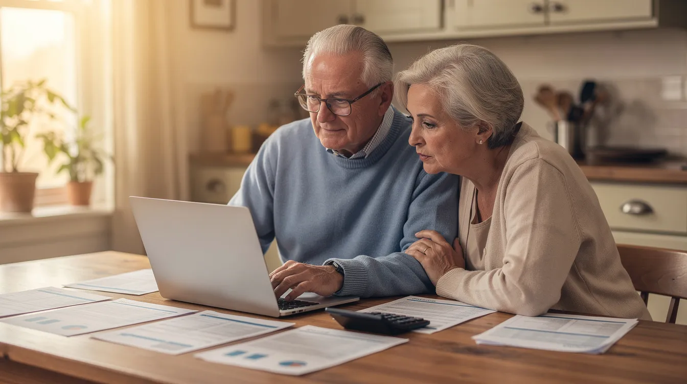 Ein älteres Paar sitzt gemeinsam an einem Küchentisch, umgeben von Finanzdokumenten und einem Laptop. Sie wirken engagiert und nachdenklich, während sie über ihre Geldanlage und die besten Optionen für Rentner im Ruhestand sprechen.
