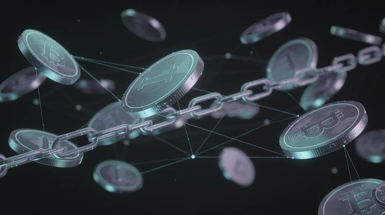 Die abstrakte Darstellung zeigt digitale Münzen und Blockchain-Verbindungen auf einem dunklen Hintergrund, symbolisierend die Welt der Kryptowährungen wie Bitcoin und deren Verbindungen zu Krypto-Wallets. Elemente wie Transaktionen und Zahlungmethoden werden visuell hervorgehoben, um die Komplexität und Dynamik des digitalen Finanzmarktes darzustellen.