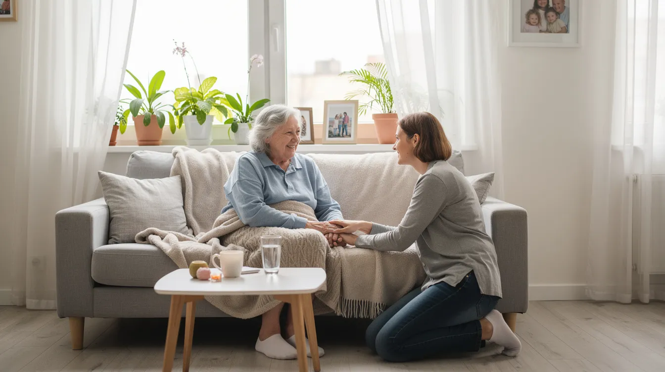 Eine ältere Person erhält in einer hellen und freundlichen Wohnung Unterstützung von einer pflegenden Angehörigen. Die Szene vermittelt eine liebevolle Betreuungssituation, die für die Pflegebedürftigen wichtig ist, während sie in ihrem vertrauten Umfeld bleibt.
