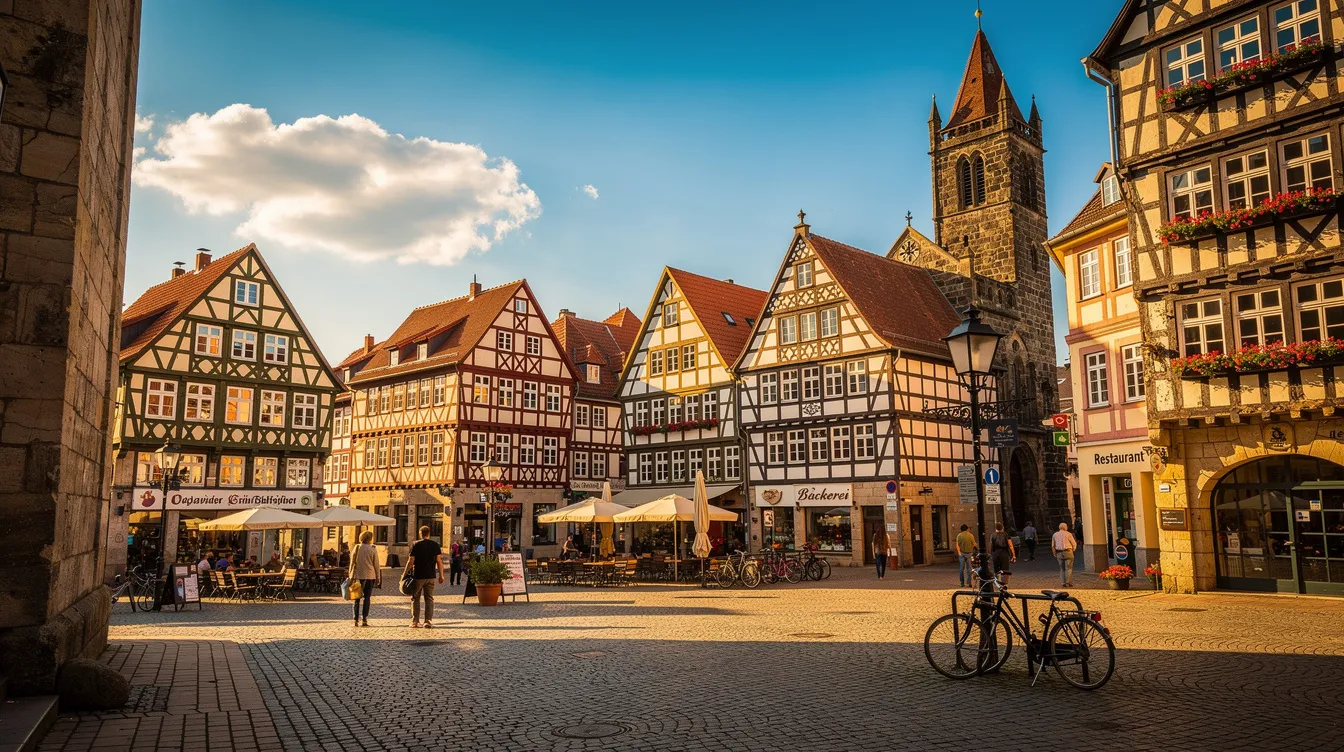 Die historische Altstadt von Osnabrück präsentiert sich mit malerischen Fachwerkhäusern und einem lebhaften Marktplatz, während die Sonne auf die charmante Stadt scheint. Im Hintergrund sind die charakteristischen Merkmale der Stadt zu erkennen, die Osnabrück zu einem beliebten Ziel in Niedersachsen machen.