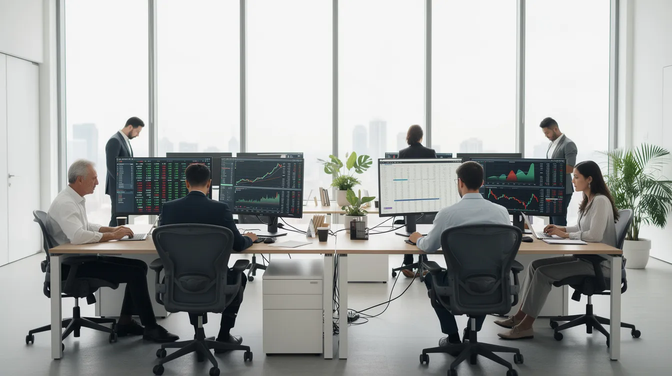 In einem modernen Büro arbeiten mehrere Personen an Schreibtischen, die mit Monitoren ausgestattet sind, auf denen Finanzdaten und Kursentwicklungen von Kryptowährungen wie Bitcoin angezeigt werden. Die Atmosphäre ist geschäftig, während die Mitarbeiter die aktuellen Werte und Preisentwicklungen analysieren.