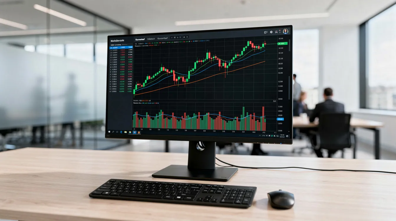 Das Bild zeigt einen modernen Büroarbeitsplatz mit einem Bildschirm, auf dem Kursverläufe und Candlestick-Charts angezeigt werden, die sich auf die Cavendish Hydrogen Aktie beziehen. Die Grafiken verdeutlichen die Entwicklung der Wasserstoff-Aktien und deren Marktperformance.