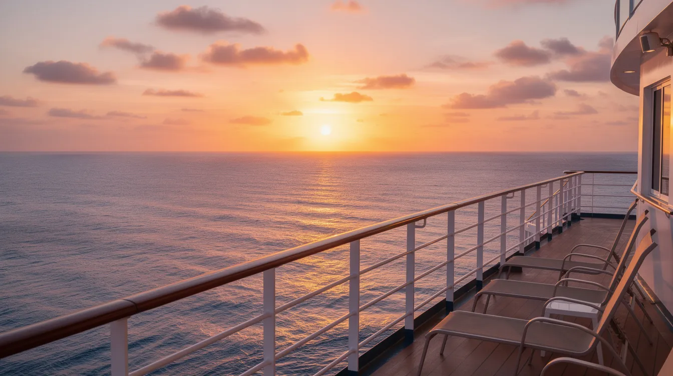 Ein malerischer Sonnenuntergang über dem Meer, aufgenommen vom Deck eines Kreuzfahrtschiffs der Norwegian Cruise Line. Die warmen Farben des Himmels spiegeln sich sanft auf der Wasseroberfläche und schaffen eine entspannende Atmosphäre für die Passagiere an Bord.