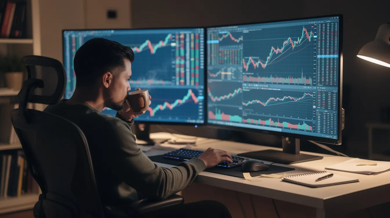 Eine Person sitzt an einem Schreibtisch vor zwei Monitoren, die Kurs-Charts von Kryptowährungen anzeigen, und trinkt dabei Kaffee. Die Bildkomposition vermittelt ein Gefühl von Konzentration und Analyse, während die Person die Kursprognosen und Markttrends von Dash und anderen Coins im Blick hat.