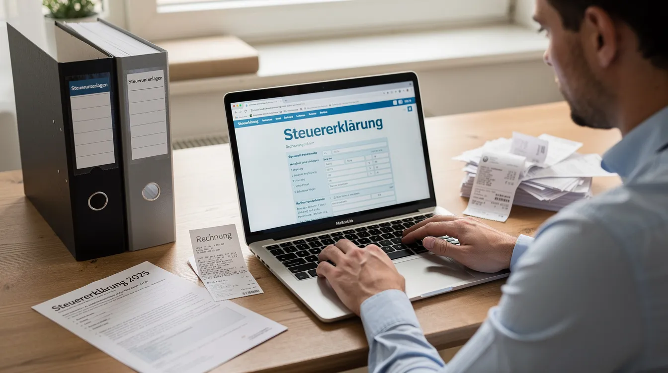 Eine Person sitzt an einem Tisch und arbeitet konzentriert am Laptop an ihrer Steuererklärung. Neben ihr liegen ein Ordner mit Belegen und Dokumenten, die sich auf den Pflegepauschbetrag und die steuerlichen Aspekte der Pflege beziehen, wie beispielsweise die Voraussetzungen für den Pflegepauschbetrag trotz Pflegegeld.