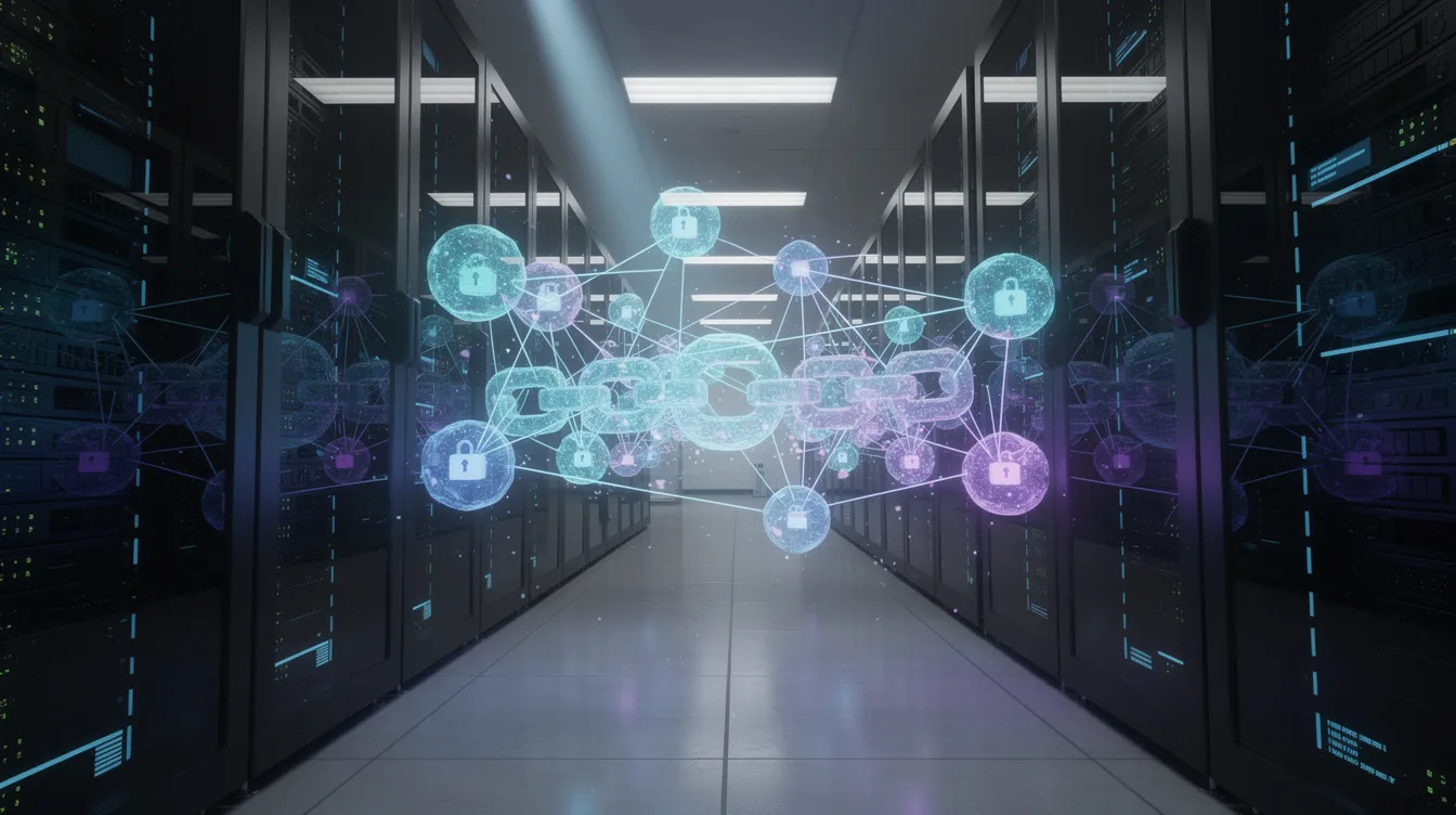 Das Bild zeigt einen modernen Serverraum mit leuchtenden Netzwerkknoten, die eine Blockchain symbolisieren. Diese Knoten repräsentieren die Verbindungen und Transaktionen innerhalb der Krypto-Welt, insbesondere im Zusammenhang mit Kryptowährungen wie Solana und deren Kursentwicklung.