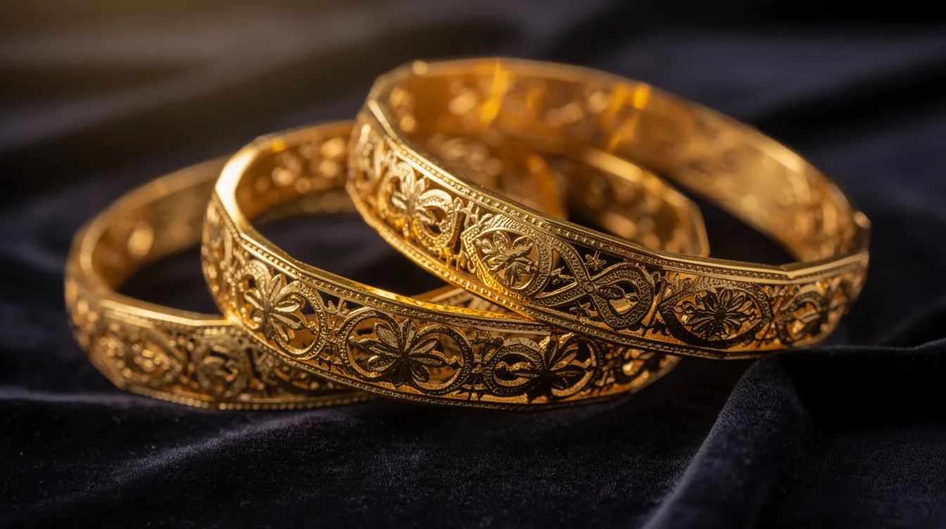 Die Nahaufnahme zeigt glänzende türkische Armreifen aus 22k Gold, die auf einem dunklen Samtstoff drapiert sind. Die goldenen Schmuckstücke strahlen im Licht und betonen ihre hochwertige Goldlegierung und den feinen Goldgehalt.