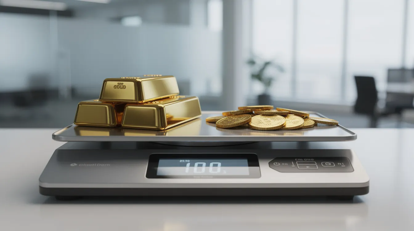 Auf der Waage liegen mehrere Goldbarren und Goldmünzen, die in einem modernen Raum präsentiert werden. Die verschiedenen Gewichte und Karat der Objekte verdeutlichen den Wert und die Reinheit des 21 Karat Goldes im aktuellen Goldpreisvergleich.