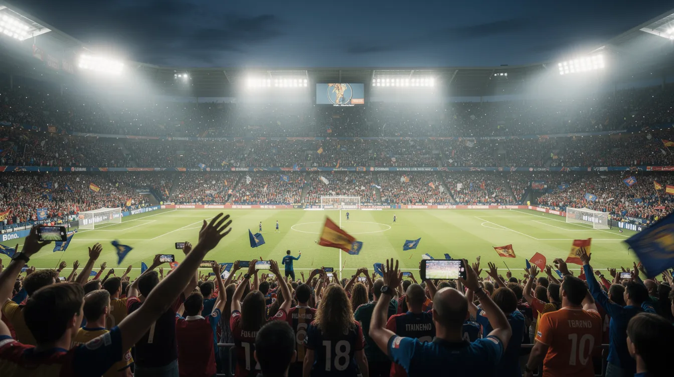 Ein großes Fußballstadion erstrahlt im Flutlicht, während jubelnde Zuschauer auf den Rängen ihre Freude über das Spiel zum Ausdruck bringen. Die Atmosphäre ist elektrisierend und erinnert an die großen Erfolge von Fußballlegenden wie Bastian Schweinsteiger, der beim FC Bayern München und in der Nationalmannschaft glänzte.