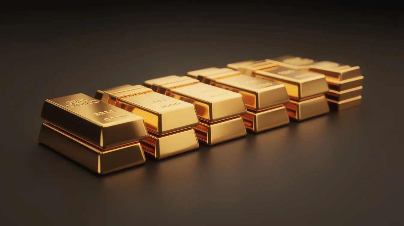 Auf der dunklen Oberfläche liegen gestapelte Goldbarren, die im warmen Licht glänzen und die hohe Qualität der Degussa Goldbarren widerspiegeln. Die Barren sind sorgfältig angeordnet und strahlen eine Aura von Wert und Eleganz aus.