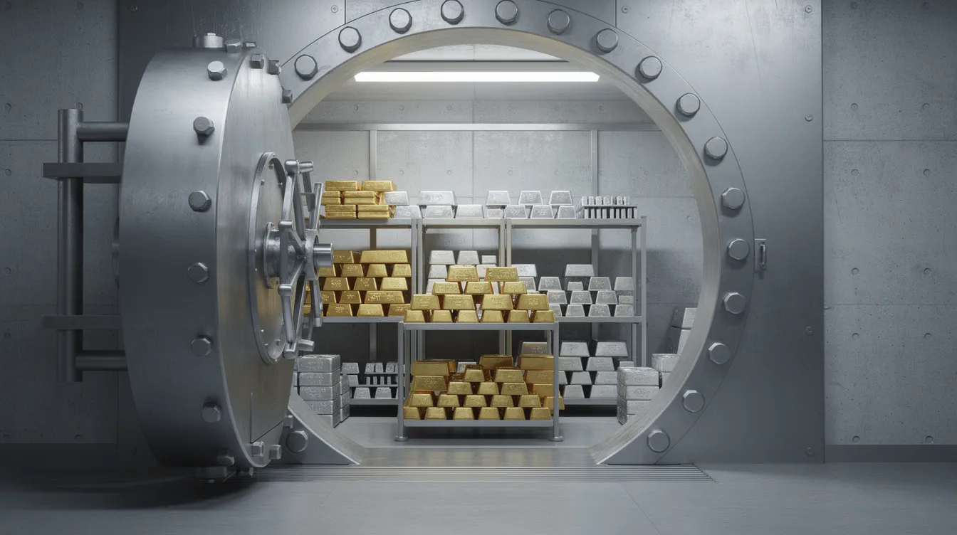 Ein geöffneter Tresor zeigt gestapelte Silberbarren, darunter auch 1 kg Silberbarren von Herstellern wie Heraeus und Perth Mint. Die Barren sind sorgfältig sortiert und repräsentieren eine wertvolle Anlagemöglichkeit für Investoren in Edelmetalle.