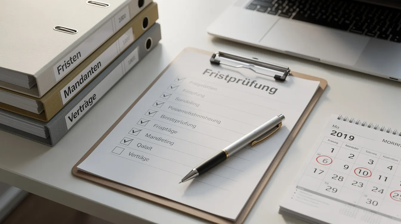 Auf einem Beraterschreibtisch liegen ein Ordner und eine Checkliste, die symbolisch für die systematische Fristprüfung im Rahmen der Abgabenordnung stehen. Diese Materialien sind wichtig für die Überwachung der Festsetzungsfristen und die Einhaltung der steuerlichen Vorgaben.