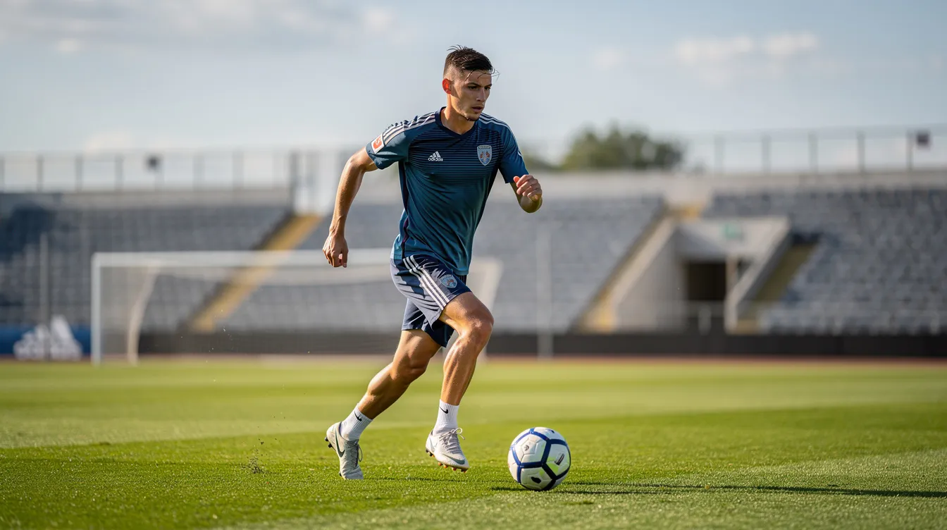 Ein junger Fußballer, möglicherweise ein talentierter Mittelfeldspieler aus der Türkei, trainiert mit einem Ball auf einem professionellen Trainingsplatz bei Tageslicht. Der Fokus liegt auf seiner Technik und Spielintelligenz, während er sich auf die Herausforderungen in der La Liga vorbereitet.